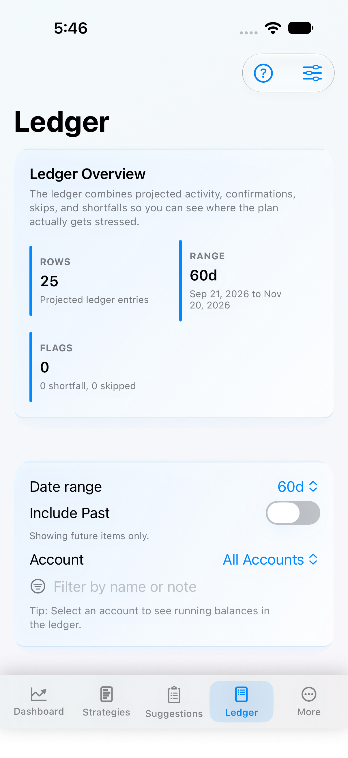 Clearflow Ledger showing projected and confirmed activity